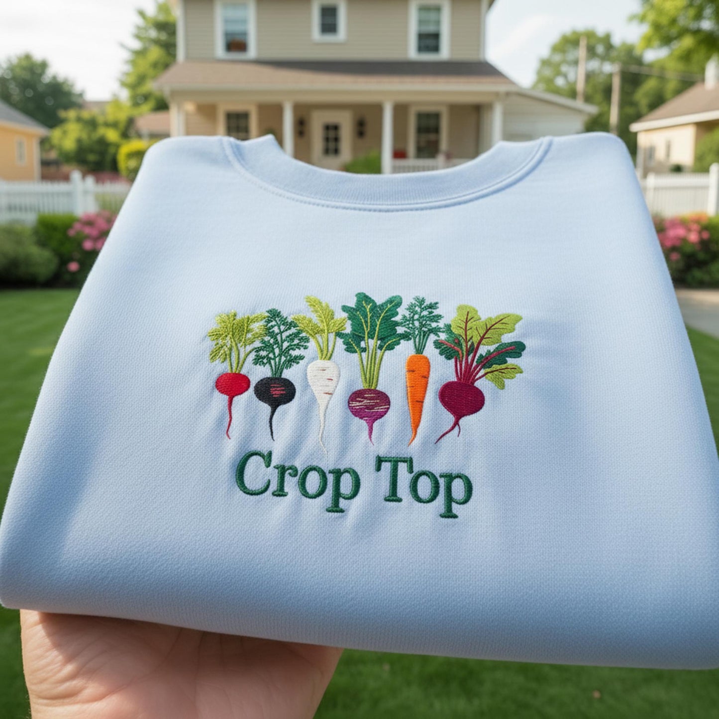 Crop Top Gardening Embroidered Sweatshirt, Funny Vegetable Gardener Gift, Plant Lover Crewneck, Root Veggies Shirt, Punny Aesthetic Pullover