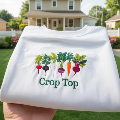Crop Top Gardening Embroidered Sweatshirt, Funny Vegetable Gardener Gift, Plant Lover Crewneck, Root Veggies Shirt, Punny Aesthetic Pullover