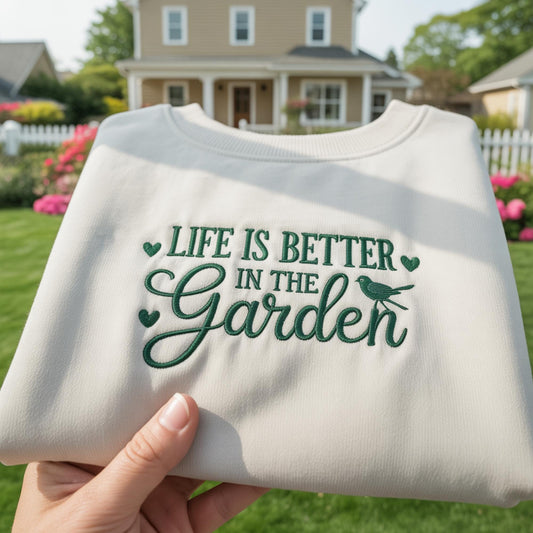 Life Is Better In The Garden Embroidered Sweatshirt, Gardening Lover Gift, Botanical Nature Crewneck, Plant Mom Shirt, Aesthetic Gardener
