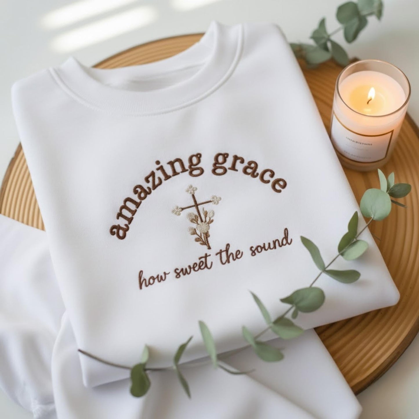 Amazing Grace How Sweet The Sound Embroidered Sweatshirt, Christian Floral Cross Crewneck, Worship Hymn Gift, Minimalist Faith Based Sweater