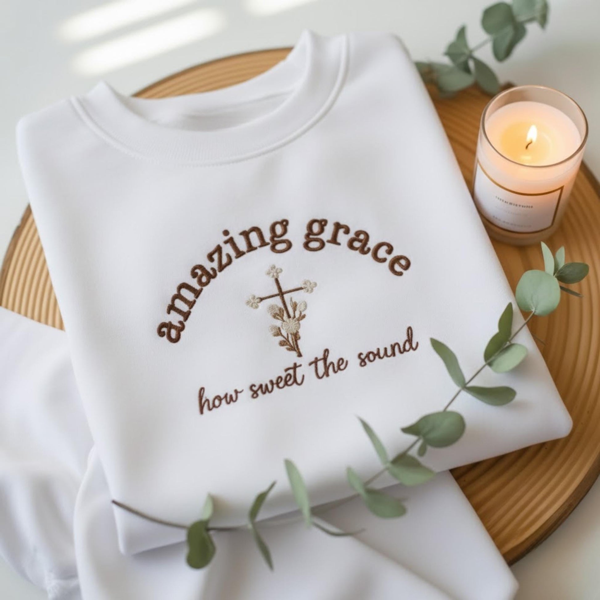 Amazing Grace How Sweet The Sound Embroidered Sweatshirt, Christian Floral Cross Crewneck, Worship Hymn Gift, Minimalist Faith Based Sweater