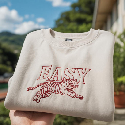 Easy Tiger Embroidered Sweatshirt, Vintage Tiger Crewneck, Animal Lover Gift, Minimalist Aesthetic Pullover, Wild Spirit Apparel