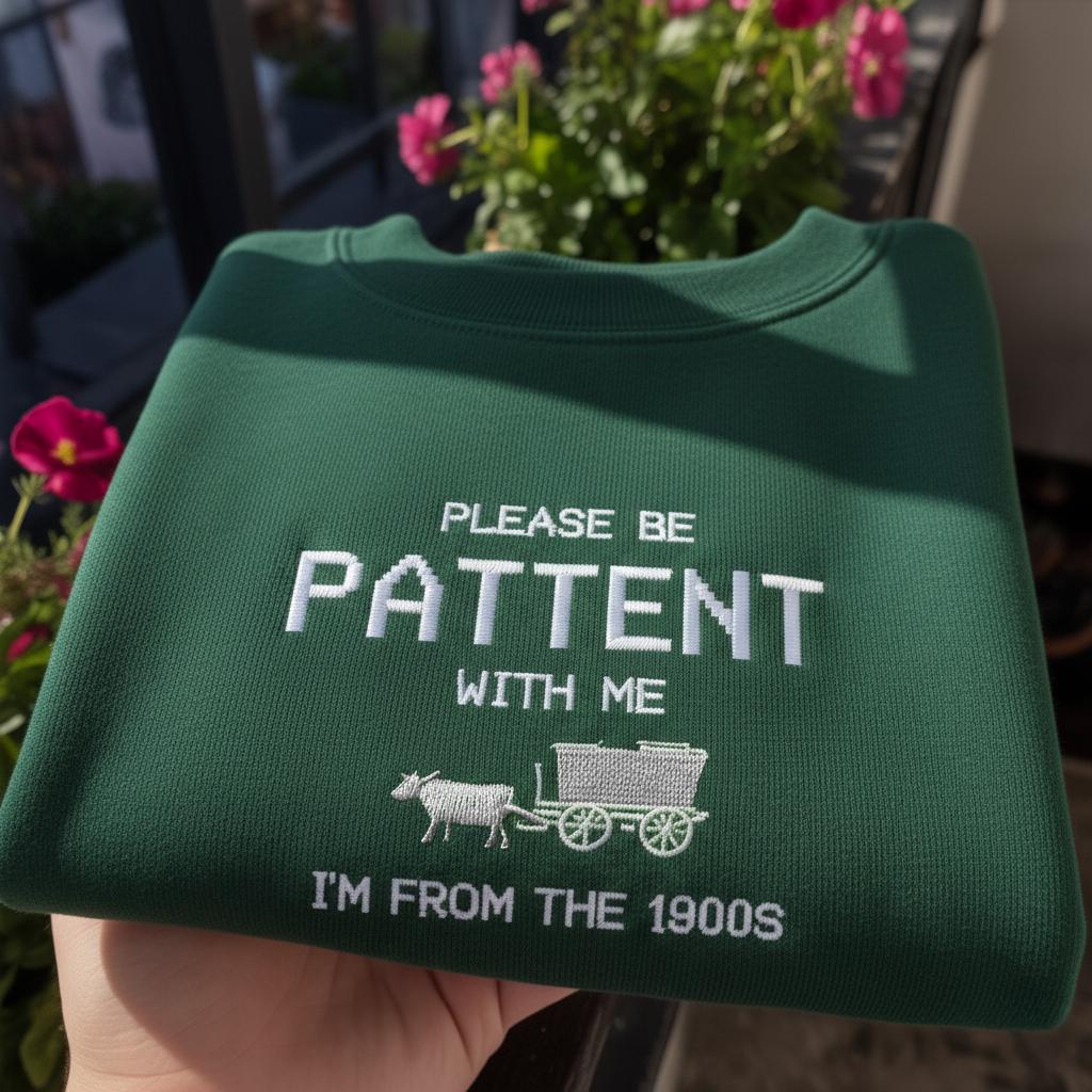 Please Be Patient With Me I'm From The 1900s Embroidered Sweatshirt, Funny Retro Humor Crewneck, Millennial Gift Shirt, Vintage Wagon