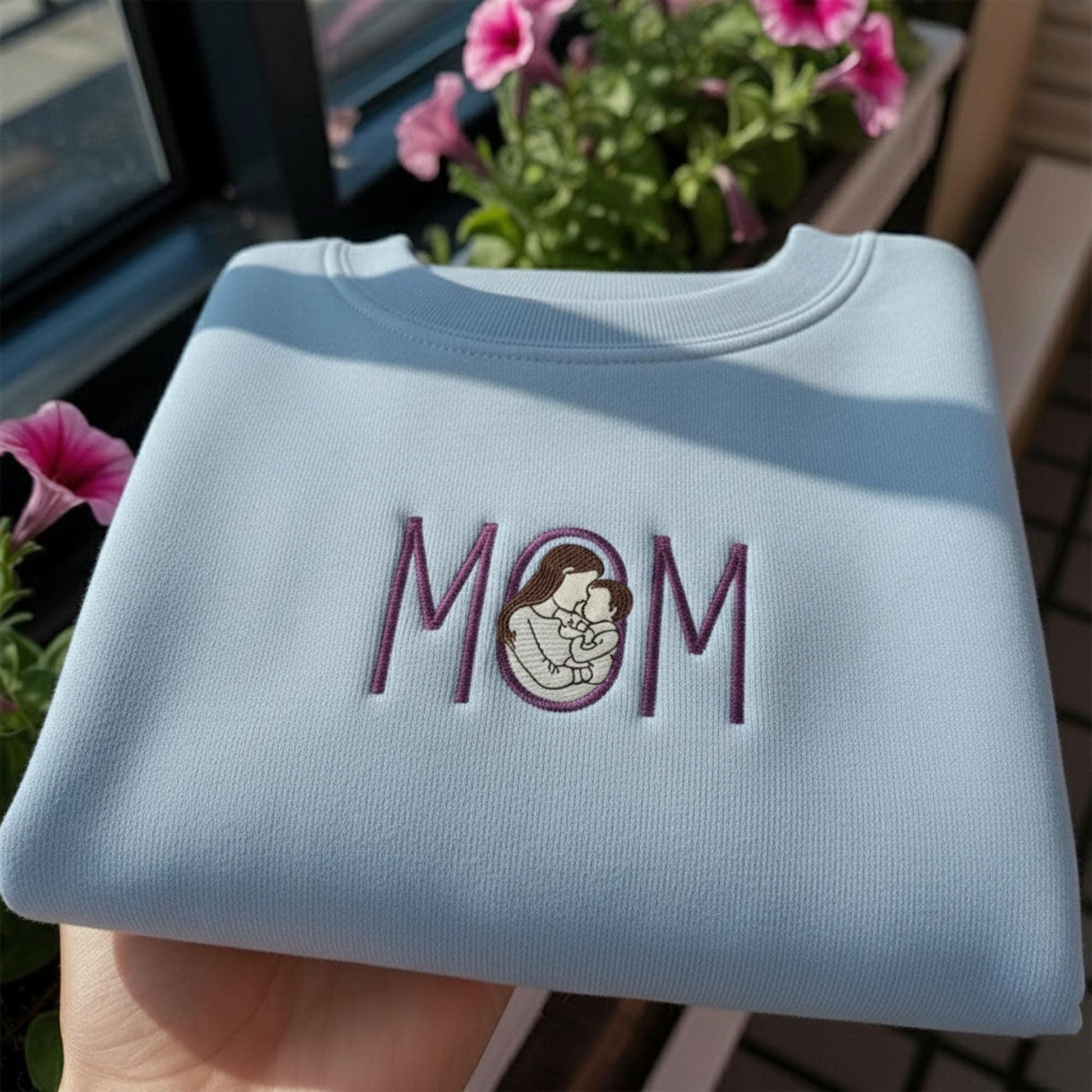 Mama Sweatshirt Embroidered Portrait From Photo: Custom Mom and Daughter and Son Gift, Custom Embroidered Mom Picture Sweatshirt