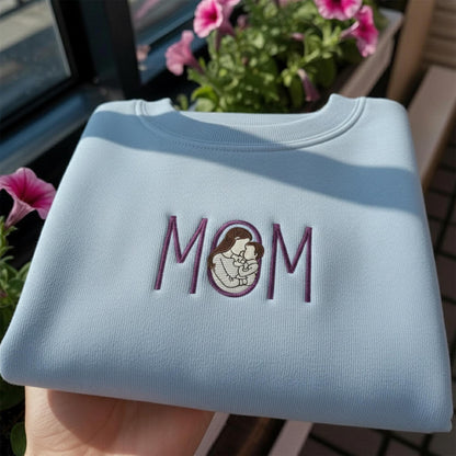Mama Sweatshirt Embroidered Portrait From Photo: Custom Mom and Daughter and Son Gift, Custom Embroidered Mom Picture Sweatshirt