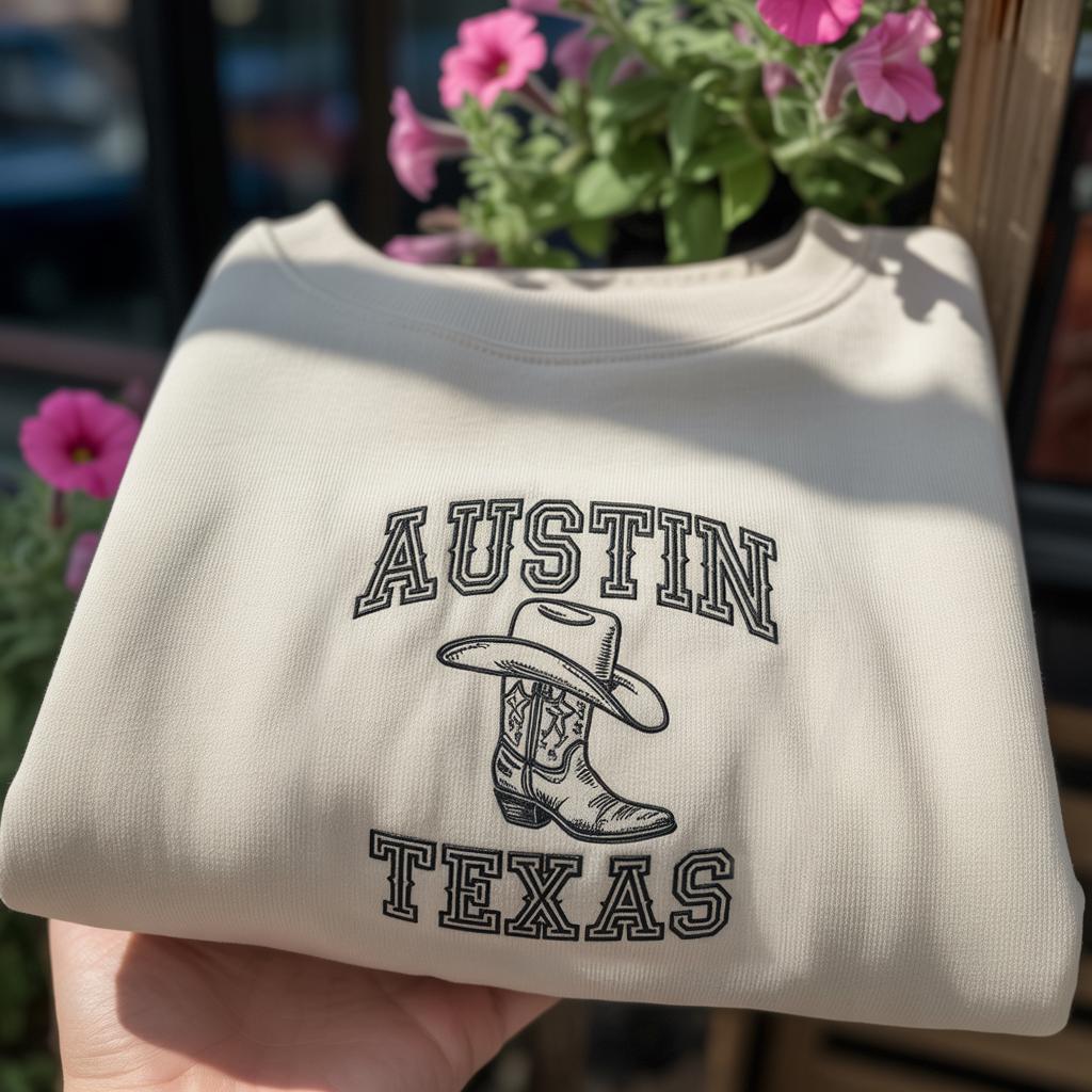 Austin Texas Embroidered Sweatshirt, Vintage Cowboy Boot & Hat Crewneck, Texas State Souvenir Gift, Western Aesthetic Apparel, Austin TX