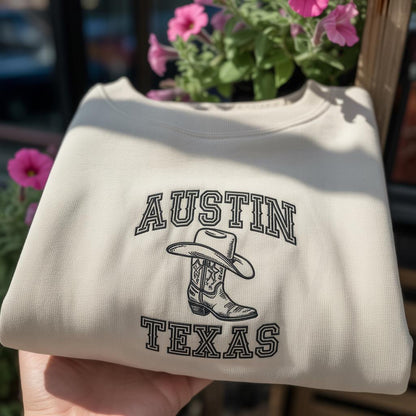 Austin Texas Embroidered Sweatshirt, Vintage Cowboy Boot & Hat Crewneck, Texas State Souvenir Gift, Western Aesthetic Apparel, Austin TX