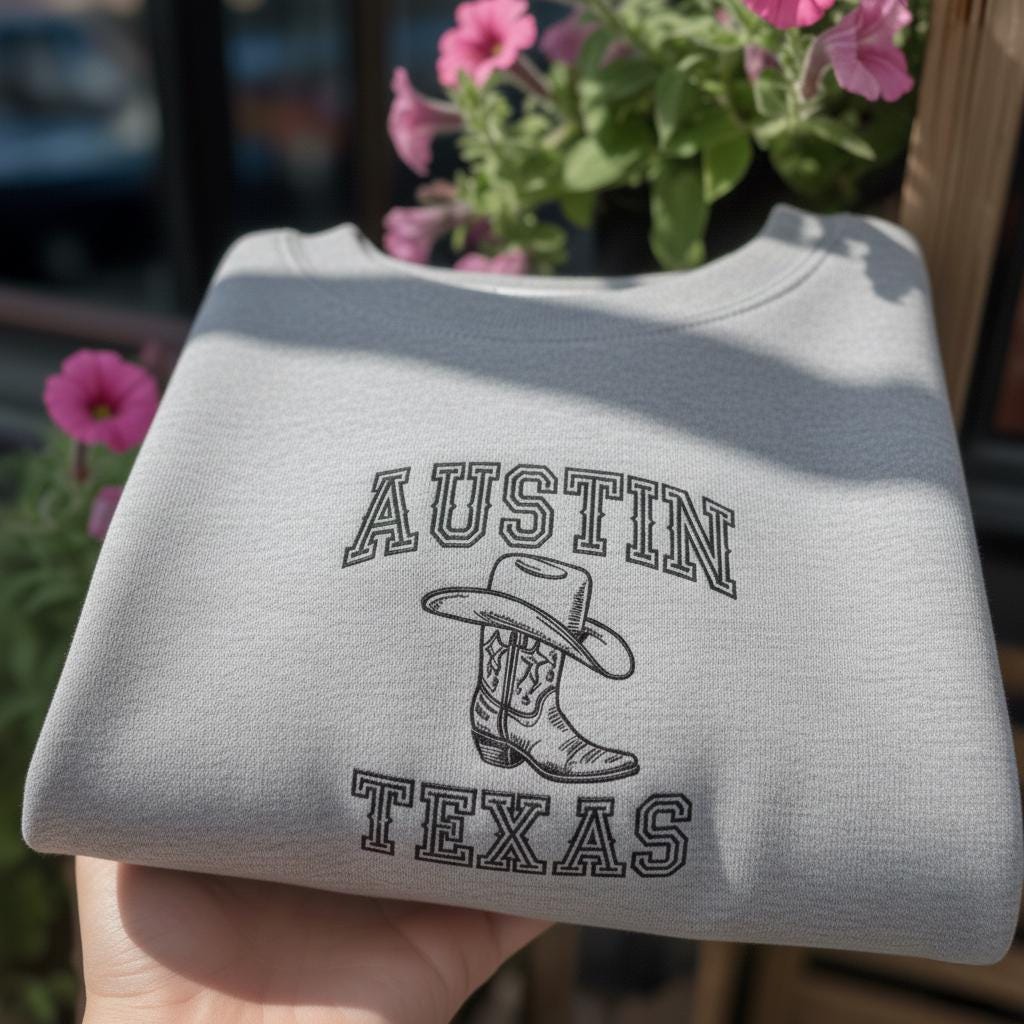 Austin Texas Embroidered Sweatshirt, Vintage Cowboy Boot & Hat Crewneck, Texas State Souvenir Gift, Western Aesthetic Apparel, Austin TX