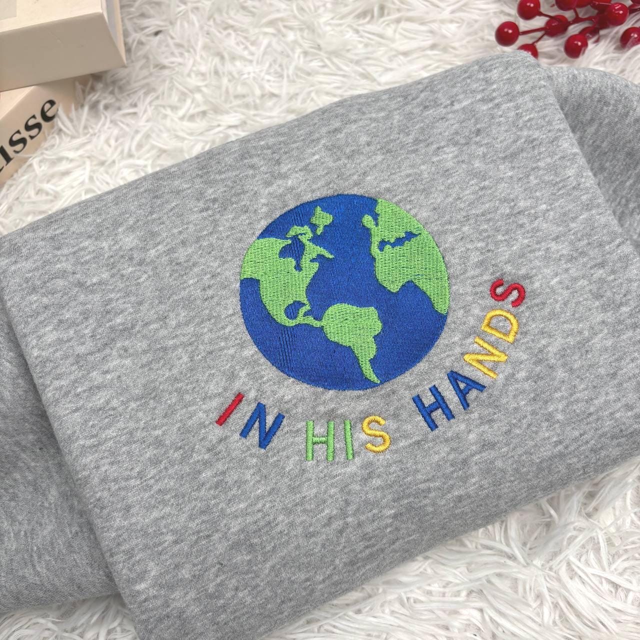 In His Hands Embroidered Sweatshirt, Christian Earth Design Shirt, Faith Based Gift for Her, God’s Love Embroidery, Spiritual Cozy Hoodie