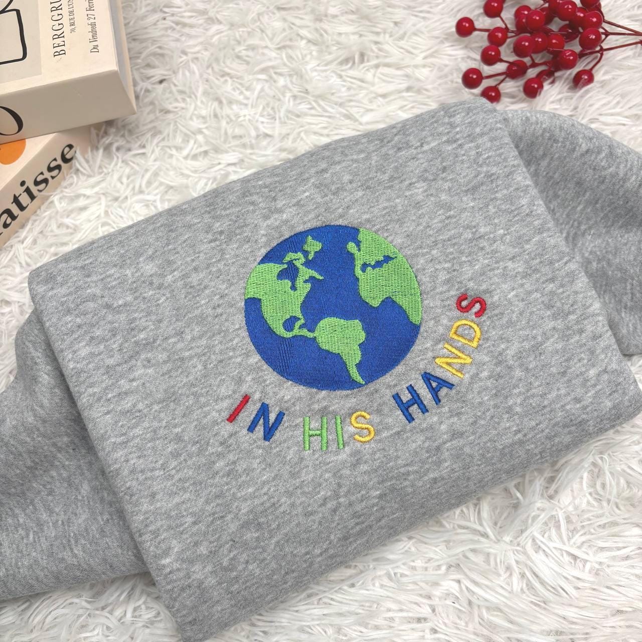 In His Hands Embroidered Sweatshirt, Christian Earth Design Shirt, Faith Based Gift for Her, God’s Love Embroidery, Spiritual Cozy Hoodie