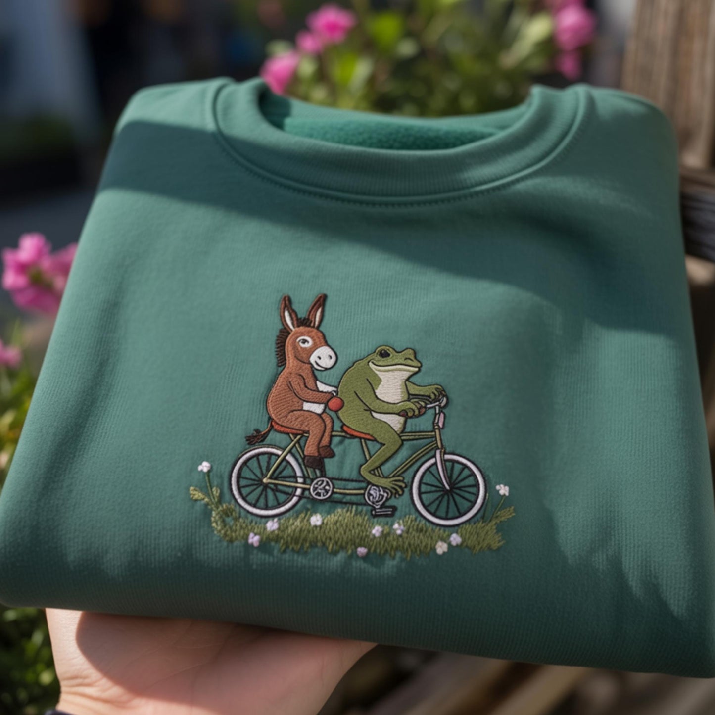 Donkey and Frog Riding Bicycle Embroidered Sweatshirt, Cute Animal Tandem Bike Crewneck, Whimsical Friendship Gift, Aesthetic Sand Sweater