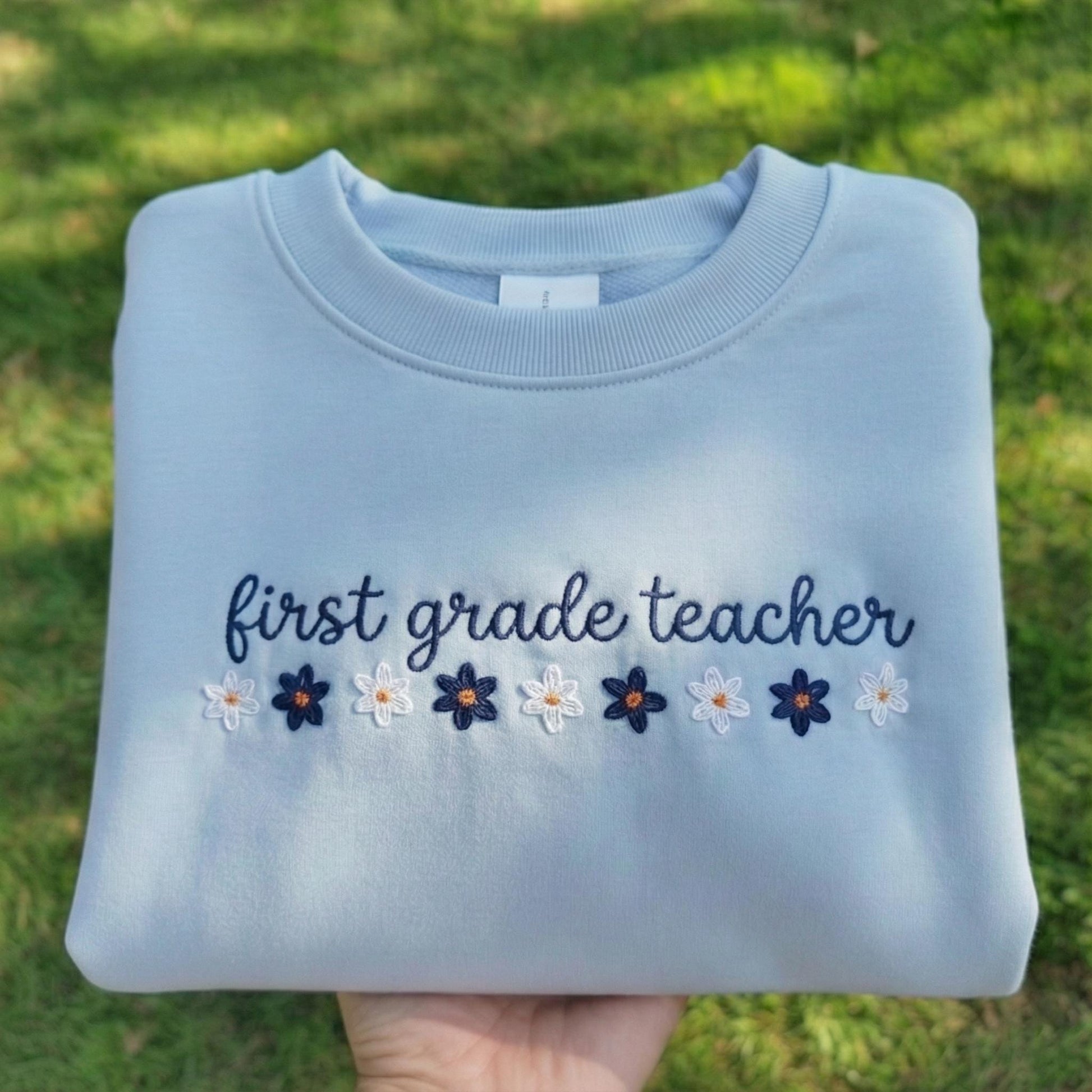First Grade Teacher Embroidered Sweatshirt, Floral 1st Grade Crewneck, Cute Primary School Teacher Gift, Aesthetic Flower Pink Sweater