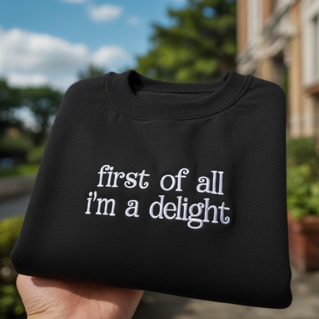 First Of All I'm A Delight Embroidered Sweatshirt, Funny Sarcastic Quote Crewneck, Aesthetic Minimalist Pullover, Sassy Gift for Her