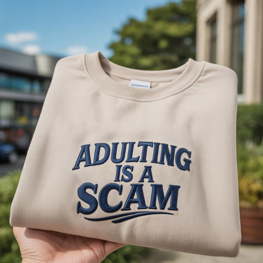Adulting Is A Scam Embroidered Sweatshirt, Funny Relatable Humor Crewneck, Gift for Graduates, Aesthetic Minimalist Pullover,Sarcastic Quote