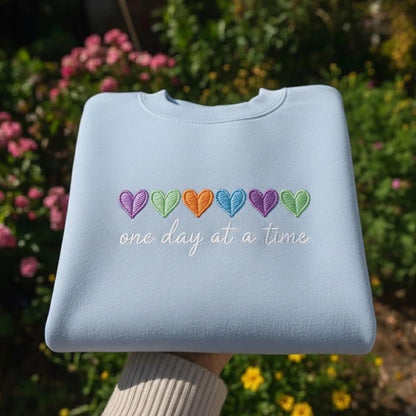 One Day At A Time Embroidered Sweatshirt, Mental Health Awareness Quote, Soft Aesthetic Gift for Women
