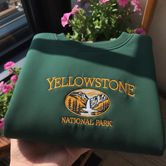 Yellowstone National Park Embroidered Sweatshirt, Vintage Waterfall Landscape Crewneck, Wyoming Montana Idaho Nature Gift