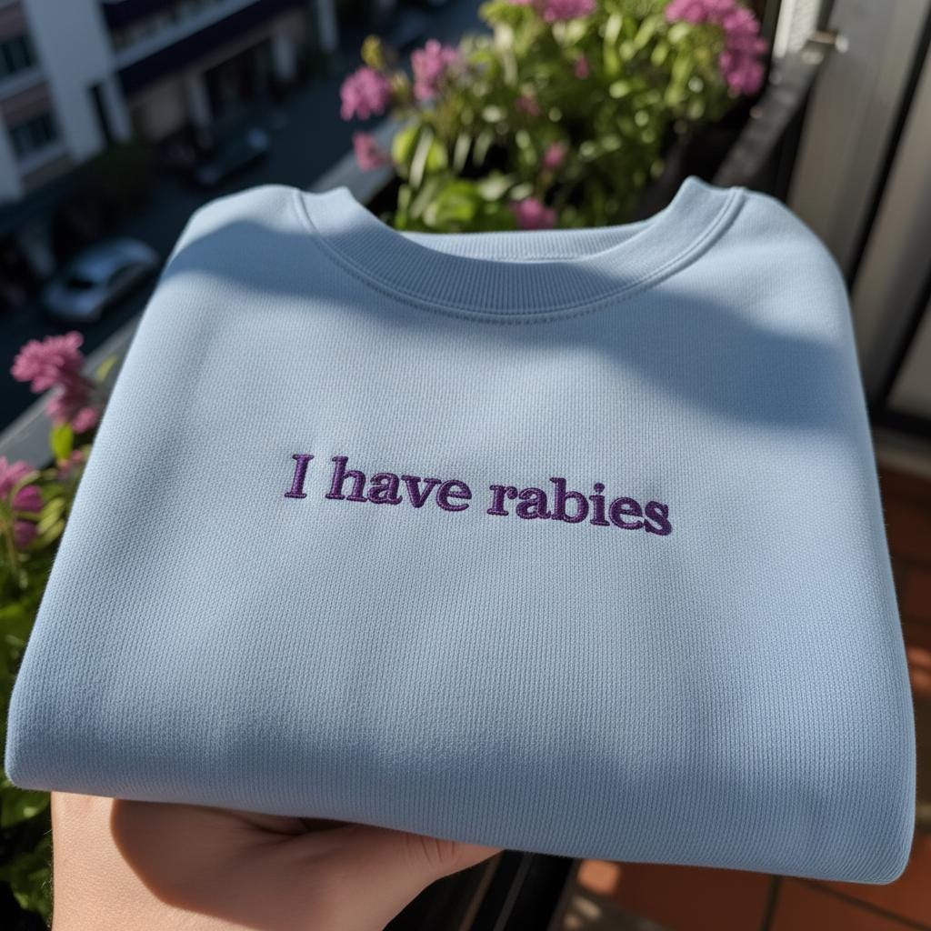 I Have Rabies Embroidered Sweatshirt, Funny Ironic Humor Crewneck, Weirdly Specific Quote Shirt, Aesthetic Minimalist Pullover