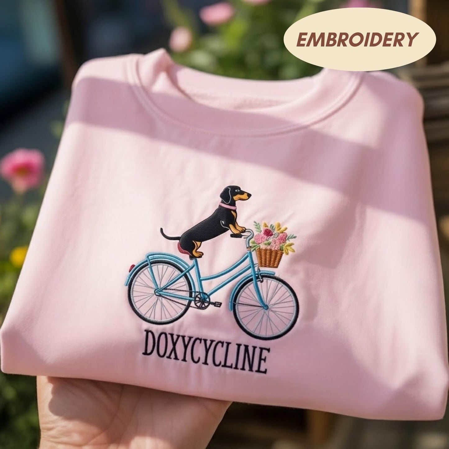 Doxycycline Embroidered Sweatshirt, Funny Dachshund Dog Shirt, Medical Humor Gift, Wiener Dog Bike Sweater, Vet Tech Gift, Nurse Shirt