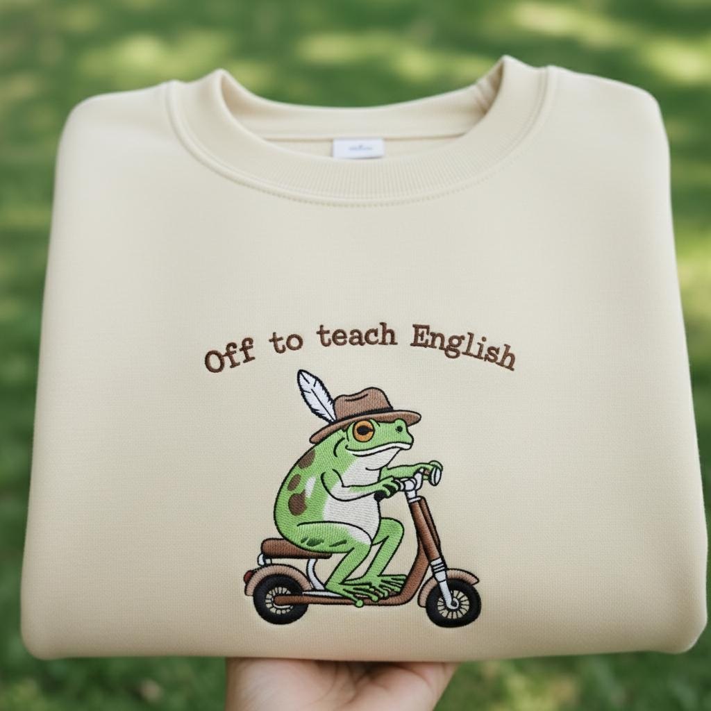 Off To Teach English Embroidered Shirt, Funny Frog Teacher Sweatshirt, Frog Riding Scooter Crewneck, English Teacher Gift Shirt