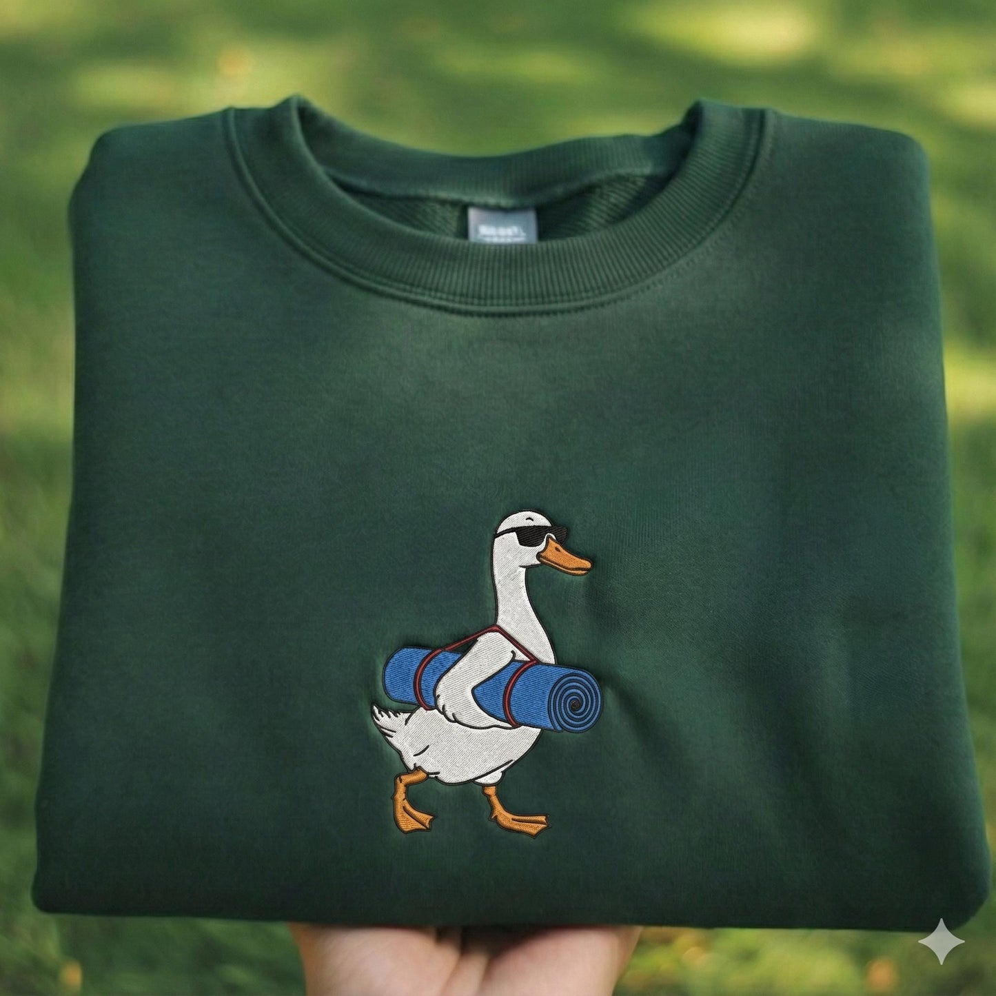 Funny Yoga Goose Embroidered Sweatshirt, Cute Duck With Yoga Mat Crewneck, Fitness Humour Gift Shirt, Aesthetic Cream Animal Lover Sweater