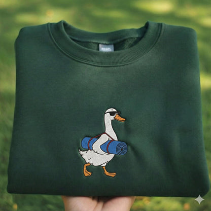 Funny Yoga Goose Embroidered Sweatshirt, Cute Duck With Yoga Mat Crewneck, Fitness Humour Gift Shirt, Aesthetic Cream Animal Lover Sweater