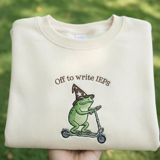 Off To Write IEPS Embroidered Sweatshirt, Frog On Scooter Special Education Shirt, Funny SPED Teacher Crewneck, Aesthetic Green Frog Shirt