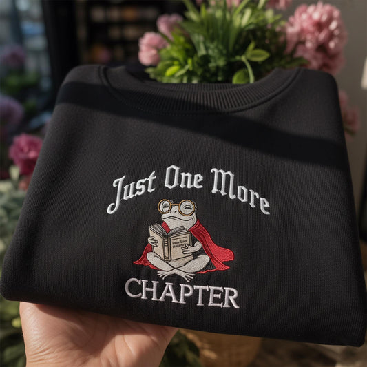 Just One More Chapter Embroidered Sweatshirt, Funny Reading Frog Crewneck, Gift for Book Lovers,Bookish Pullover, Librarian Sweater