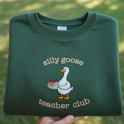 Silly Goose Teacher Club Embroidered Sweatshirt, Funny School Faculty Gift Crewneck, Cute Bird With Books Shirt, Aesthetic Green Sweater