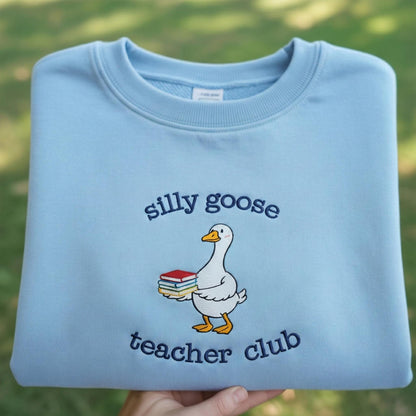 Silly Goose Teacher Club Embroidered Sweatshirt, Funny School Faculty Gift Crewneck, Cute Bird With Books Shirt, Aesthetic Green Sweater