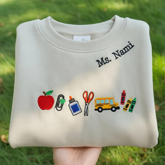 Apple Teacher Custom Name Embroidered Sweatshirt, Personalized School Icons Crewneck, School Bus Apple Crayon Teacher Shirt, Classroom Shirt