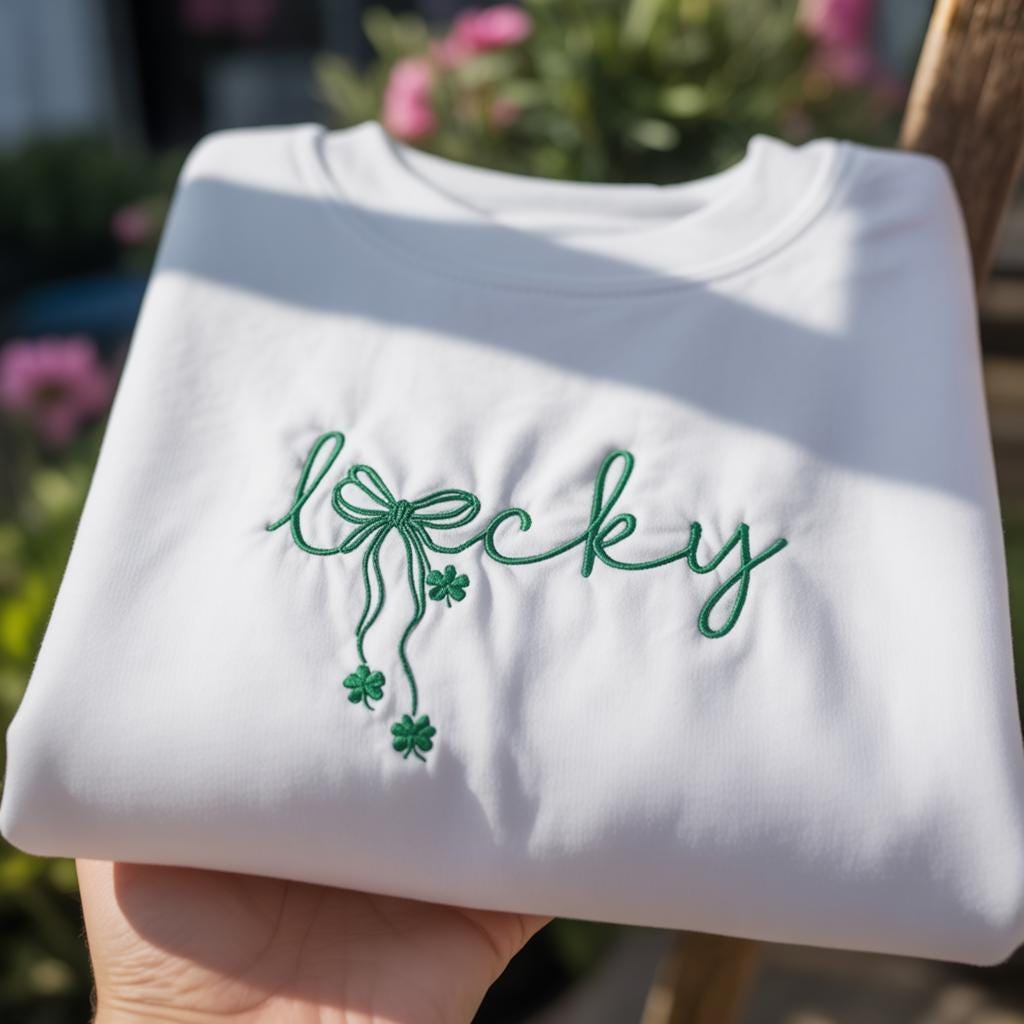 Lucky Bow Embroidered Sweatshirt, St Patricks Day Shirt, Coquette Clover Sweater, Irish Shamrock Gift, Cute Lucky Shirt, Womens Holiday Gift