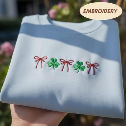 Coquette Bow Shamrock Shirt, St Patricks Day Embroidered Sweatshirt, Lucky Clover Sweater, Irish Holiday Gift For Her, Cute Ribbon Shirt