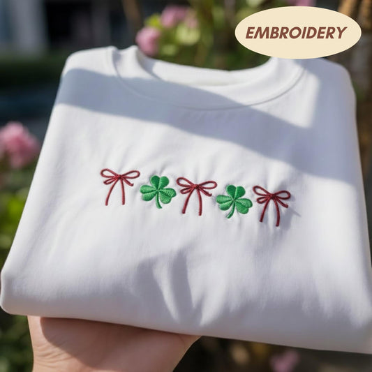 Coquette Bow Shamrock Shirt, St Patricks Day Embroidered Sweatshirt, Lucky Clover Sweater, Irish Holiday Gift For Her, Cute Ribbon Shirt