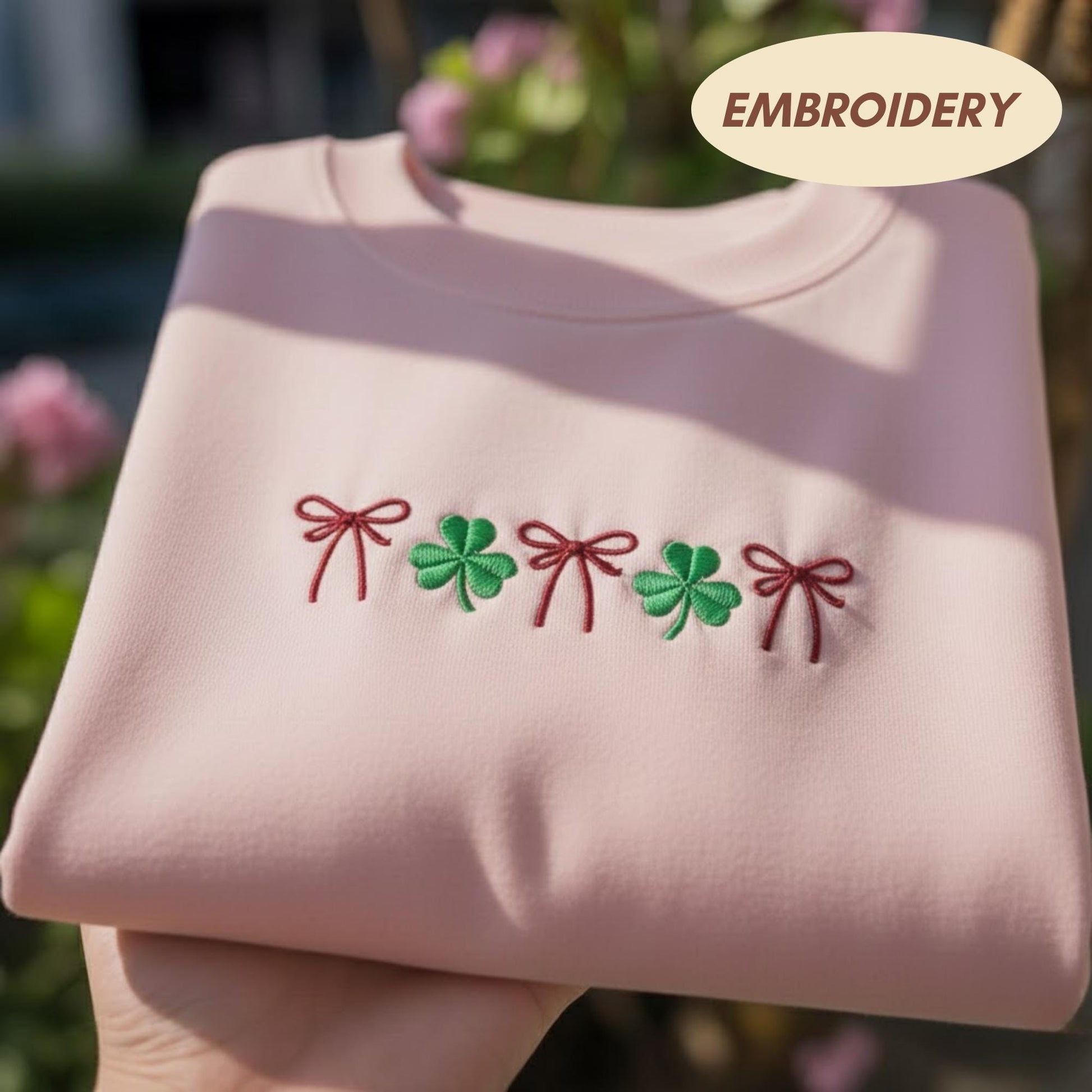 Coquette Bow Shamrock Shirt, St Patricks Day Embroidered Sweatshirt, Lucky Clover Sweater, Irish Holiday Gift For Her, Cute Ribbon Shirt