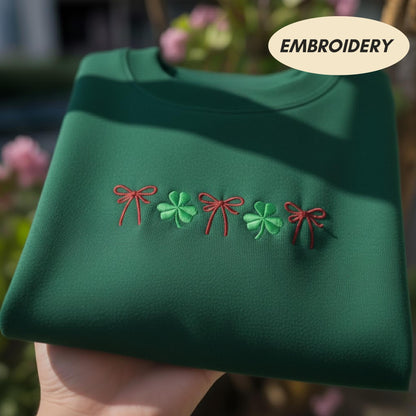 Coquette Bow Shamrock Shirt, St Patricks Day Embroidered Sweatshirt, Lucky Clover Sweater, Irish Holiday Gift For Her, Cute Ribbon Shirt