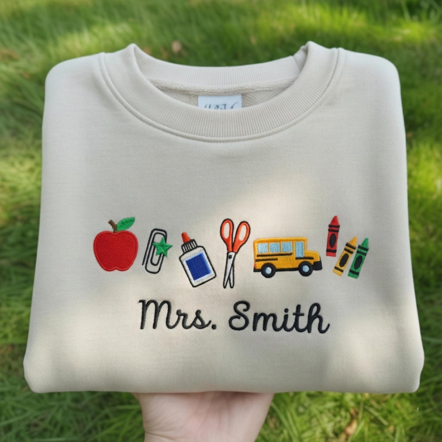Teacher Icons With Custom Name Embroidered Sweatshirt, Crayon Teacher, Back to School Gift, Personalized Teacher, Teacher Appreciation gift