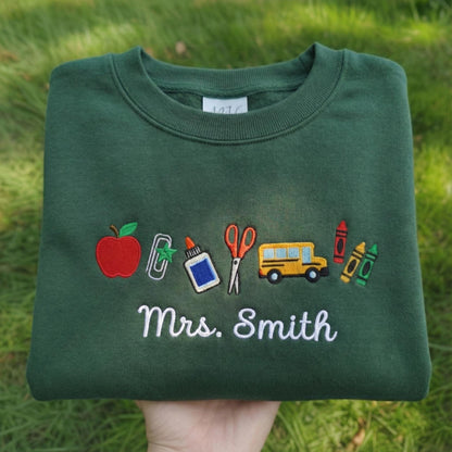 Teacher Icons With Custom Name Embroidered Sweatshirt, Crayon Teacher, Back to School Gift, Personalized Teacher, Teacher Appreciation gift