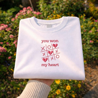 You Won My Heart Embroidered Shirt, Tic Tac Toe Valentine Love Design, Cute Valentine’s Day Couple Gift