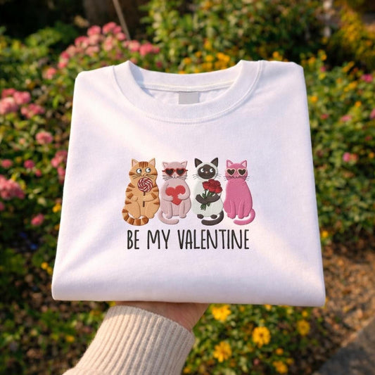 Be My Valentine Embroidered Cat Shirt, Cute Valentine Cats Love Design, Valentine’s Day Gift for Cat Lovers