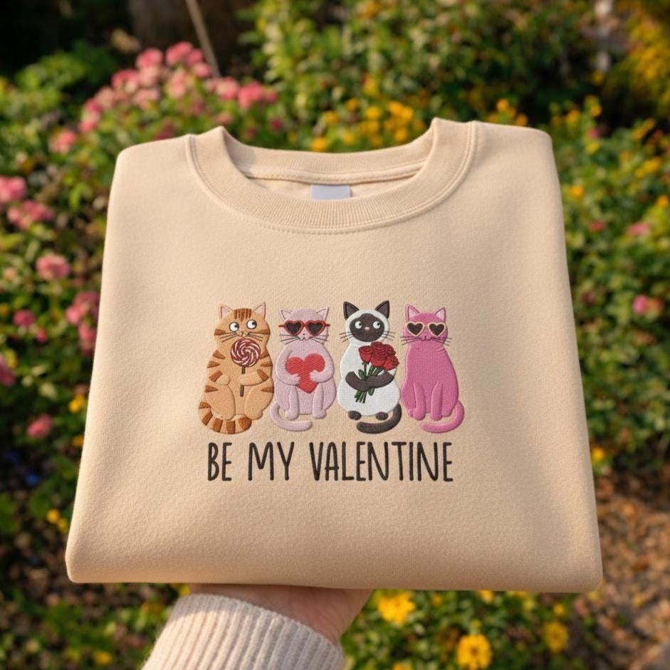 Be My Valentine Embroidered Cat Shirt, Cute Valentine Cats Love Design, Valentine’s Day Gift for Cat Lovers