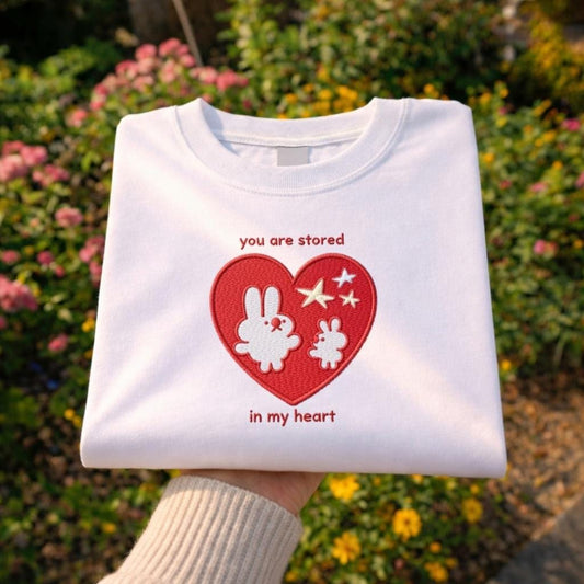 You Are Stored In My Heart Embroidered Shirt, Cute Bunny Heart Love Design, Valentine’s Day Gift