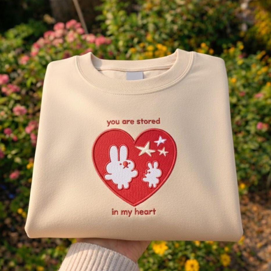 You Are Stored In My Heart Embroidered Shirt, Cute Bunny Heart Love Design, Valentine’s Day Gift