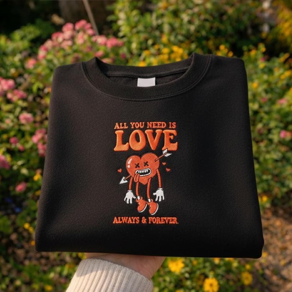 All You Need Is Love Embroidered Shirt, Vintage Heart Arrow Cartoon Design, Romantic Valentine Couple Gift