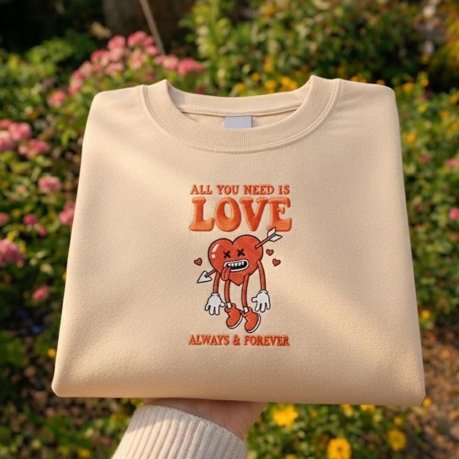 All You Need Is Love Embroidered Shirt, Vintage Heart Arrow Cartoon Design, Romantic Valentine Couple Gift