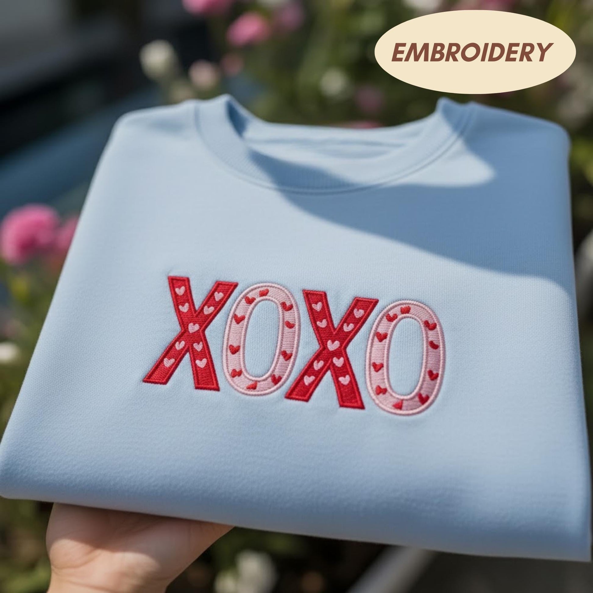 XOXO Valentine Embroidered T-shirt, Cute Hearts Lettering Top, Romantic Love Apparel, Aesthetic Hugs Kisses Sweatshirt, Valentine Tee Shirt