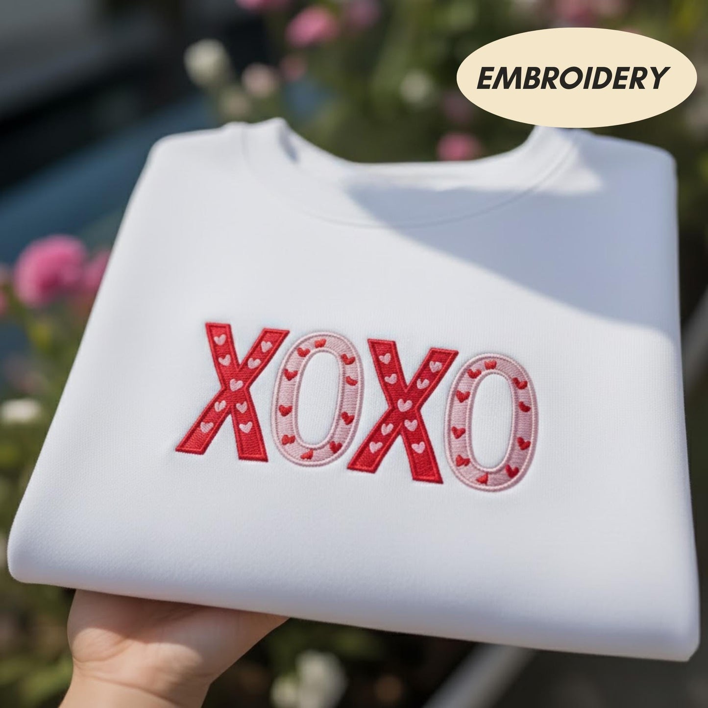 XOXO Valentine Embroidered T-shirt, Cute Hearts Lettering Top, Romantic Love Apparel, Aesthetic Hugs Kisses Sweatshirt, Valentine Tee Shirt