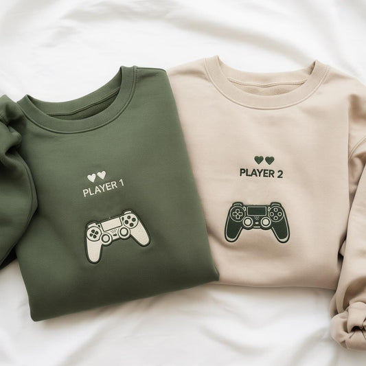 Player 1 and Player 2 Matching Couple Sweatshirts, Funny Gaming Embroidered Crewnecks, Gamer Anniversary Gift Set,Video Game Pullover Duo