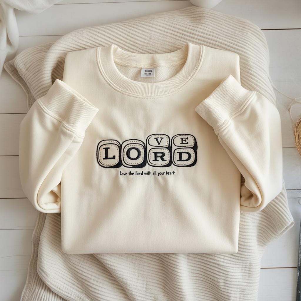 Sweatshirt Love The Lord Embroidered Sweatshirt, Christian Faith Typography Crewneck, Minimal Religious Gift