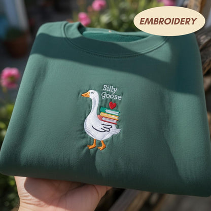 Silly Goose Embroidered Shirt, Funny Goose Reading Sweatshirt, Book Lover Valentine Cute Goose With Books Shirt, Aesthetic Librarian Shirt