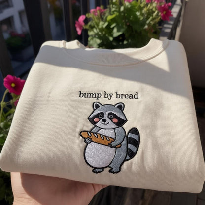 Bump By Bread Embroidered Sweatshirt, Funny Raccoon Pregnancy Announcement Crewneck, New Mom Gift, Baby Shower Shirt